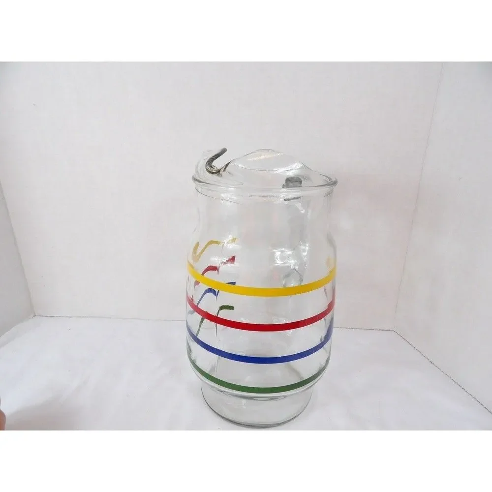 Pitcher Anchor Hocking Fiesta Glass Ice Lip Rainbow Colors Stripe 72 Oz Tea